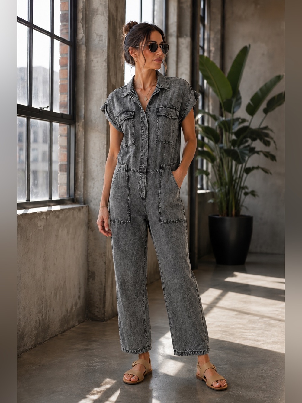 Given‎ Kale Acid Wash Denim Jumpsuit Large Gray Utility Cotton Wide Leg